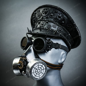 Black Steampunk Captain Cap with Silver Party Gas mask and Black Spike Goggles